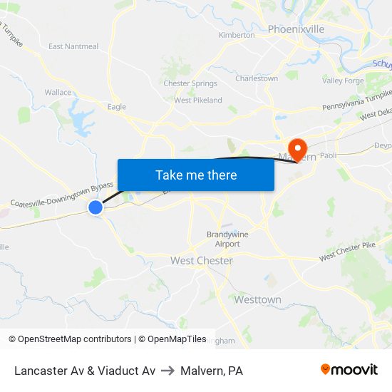 Lancaster Av & Viaduct Av to Malvern, PA map