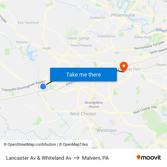 Lancaster Av & Whiteland Av to Malvern, PA map