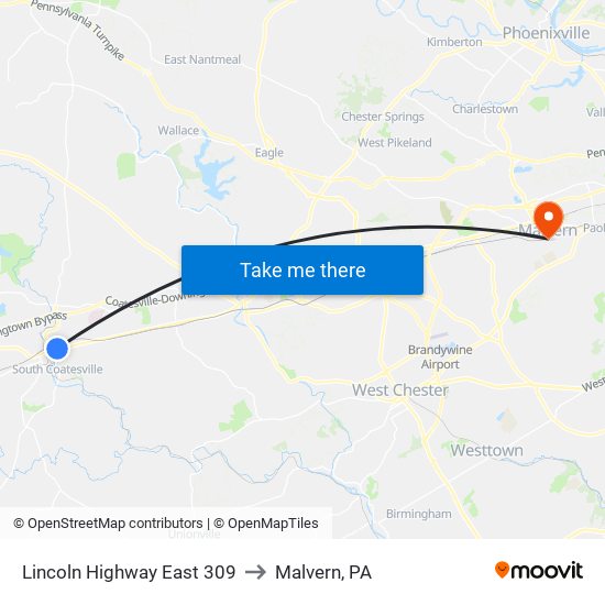 Lincoln Highway East 309 to Malvern, PA map