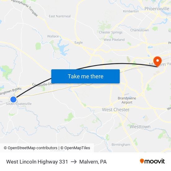 West Lincoln Highway 331 to Malvern, PA map