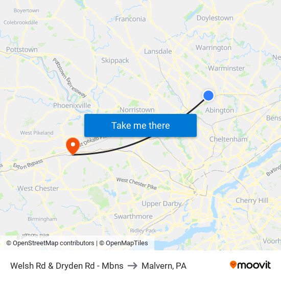 Welsh Rd & Dryden Rd - Mbns to Malvern, PA map