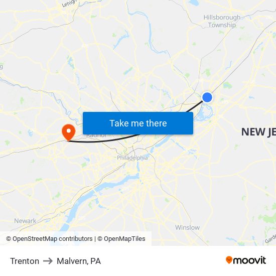 Trenton to Malvern, PA map