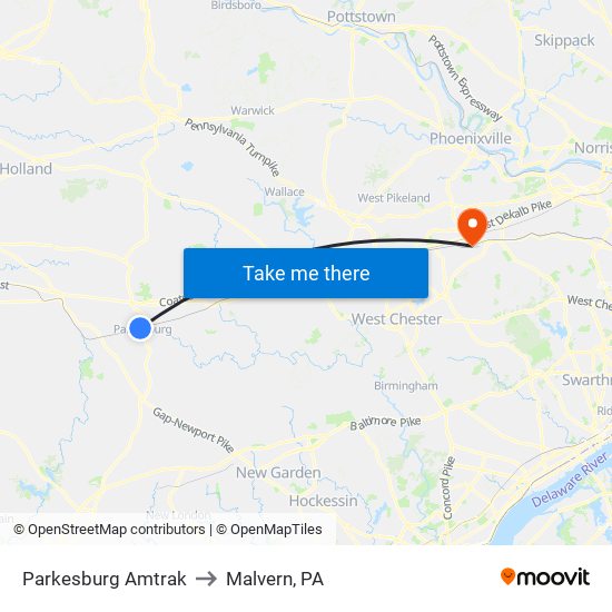 Parkesburg Amtrak to Malvern, PA map