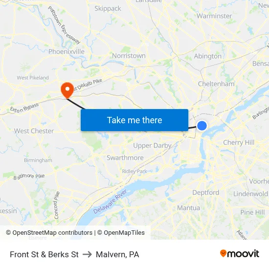 Front St & Berks St to Malvern, PA map