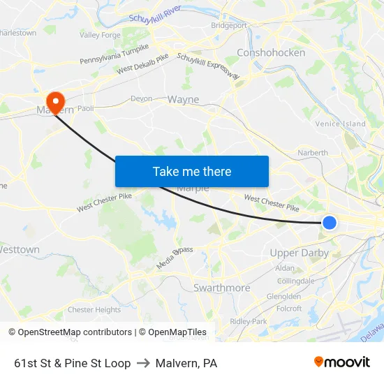 61st St & Pine St Loop to Malvern, PA map