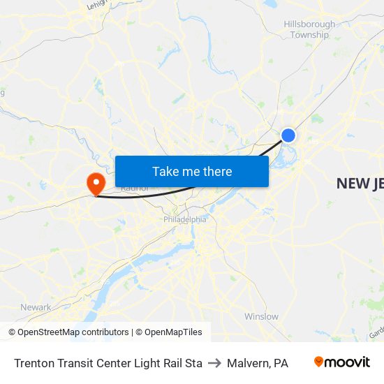 Trenton Transit Center Light Rail Sta to Malvern, PA map