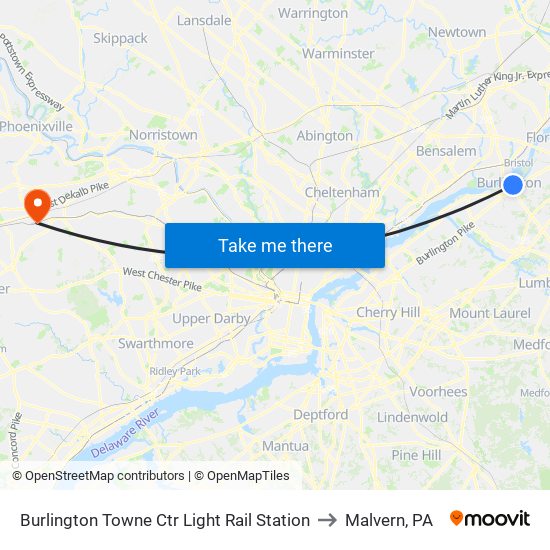 Burlington Towne Ctr Light Rail Station to Malvern, PA map