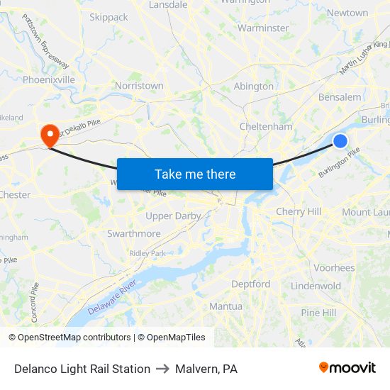 Delanco Light Rail Station to Malvern, PA map