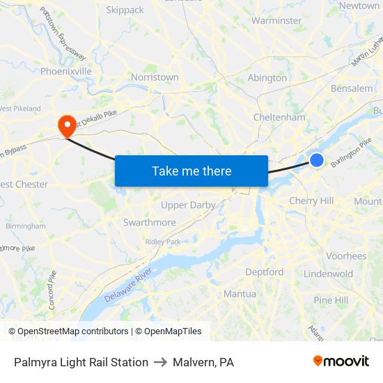 Palmyra Light Rail Station to Malvern, PA map
