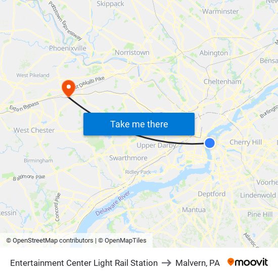 Entertainment Center Light Rail Station to Malvern, PA map