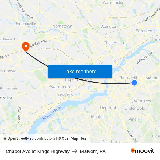 Chapel Ave at Kings Highway to Malvern, PA map