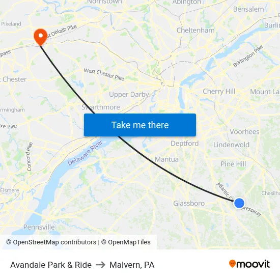 Avandale Park & Ride to Malvern, PA map