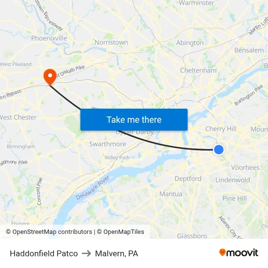 Haddonfield Patco to Malvern, PA map