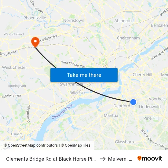 Clements Bridge Rd at Black Horse Pike to Malvern, PA map