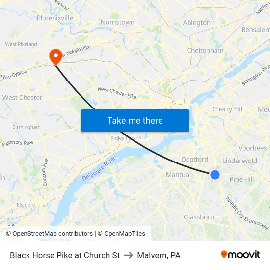 Black Horse Pike at Church St to Malvern, PA map