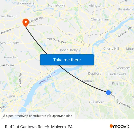 Rt-42 at Gantown Rd to Malvern, PA map