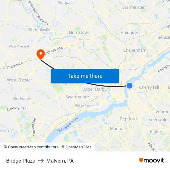 Bridge Plaza to Malvern, PA map