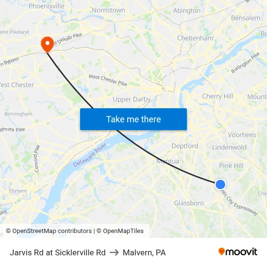 Jarvis Rd at Sicklerville Rd to Malvern, PA map