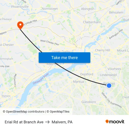 Erial Rd at Branch Ave to Malvern, PA map