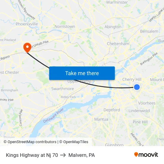 Kings Highway at Nj 70 to Malvern, PA map