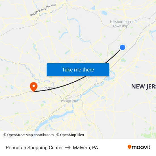 Princeton Shopping Center to Malvern, PA map