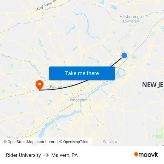 Rider University to Malvern, PA map