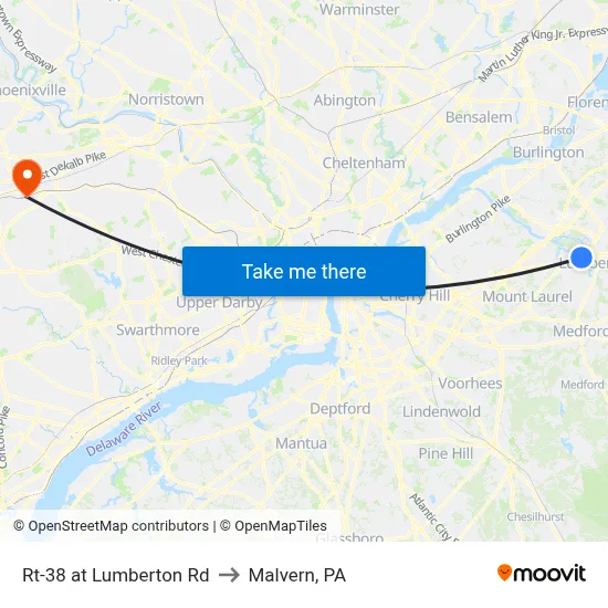 Rt-38 at Lumberton Rd to Malvern, PA map