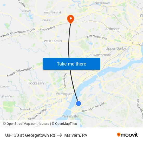Us-130 at Georgetown Rd to Malvern, PA map