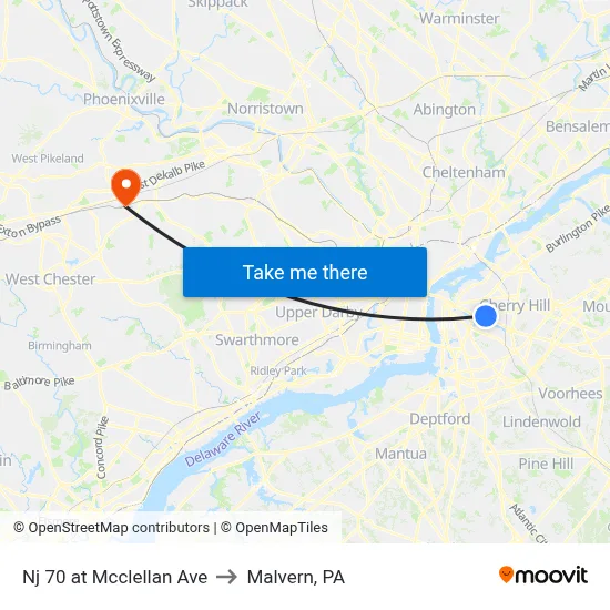 Nj 70 at Mcclellan Ave to Malvern, PA map