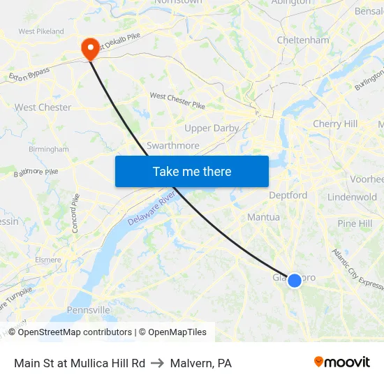 Main St at Mullica Hill Rd to Malvern, PA map