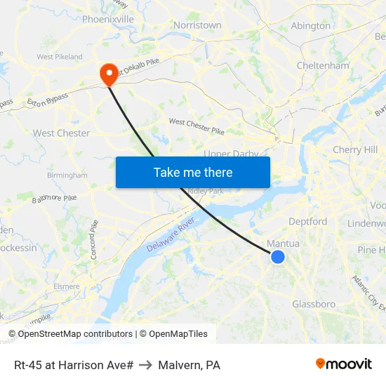 Rt-45 at Harrison Ave# to Malvern, PA map