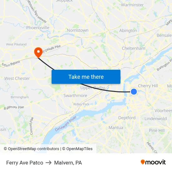 Ferry Ave Patco to Malvern, PA map