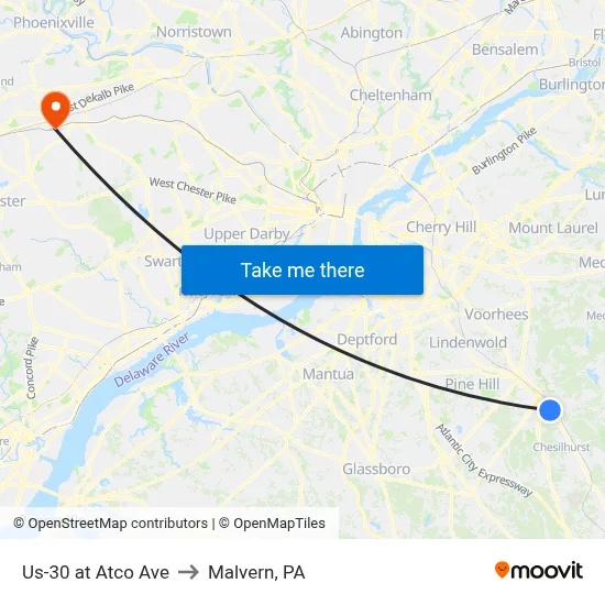 Us-30 at Atco Ave to Malvern, PA map