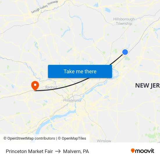 Princeton Market Fair to Malvern, PA map