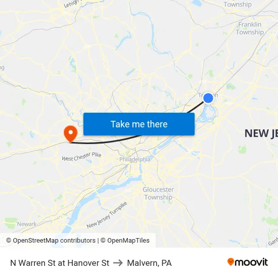 N Warren St at Hanover St to Malvern, PA map