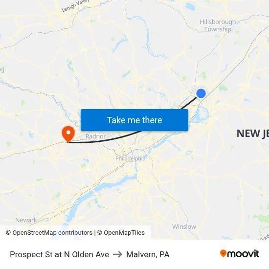 Prospect St at  N Olden Ave to Malvern, PA map