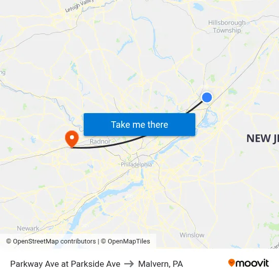 Parkway Ave at Parkside Ave to Malvern, PA map