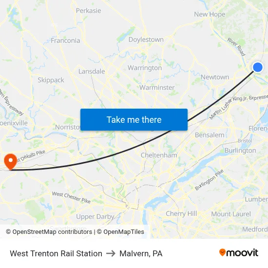 West Trenton Rail Station to Malvern, PA map