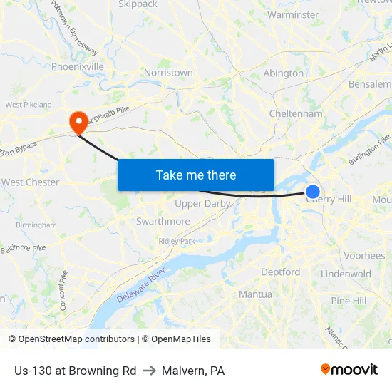 Us-130 at Browning Rd to Malvern, PA map