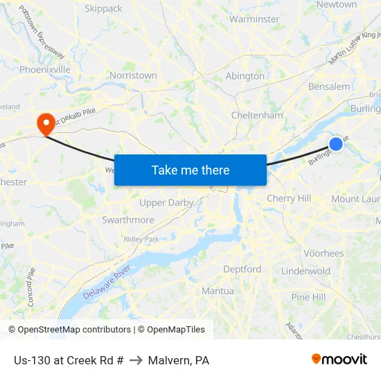 Us-130 at Creek Rd # to Malvern, PA map