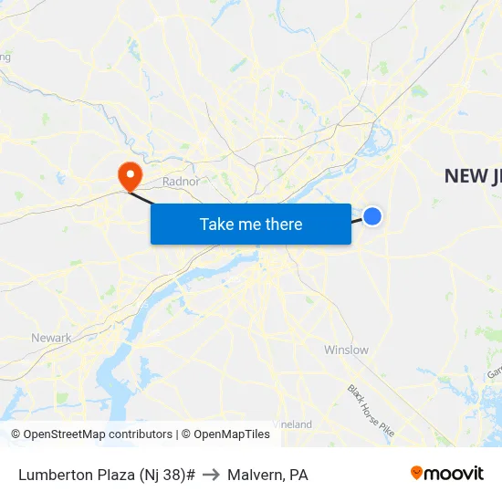 Lumberton Plaza (Nj 38)# to Malvern, PA map