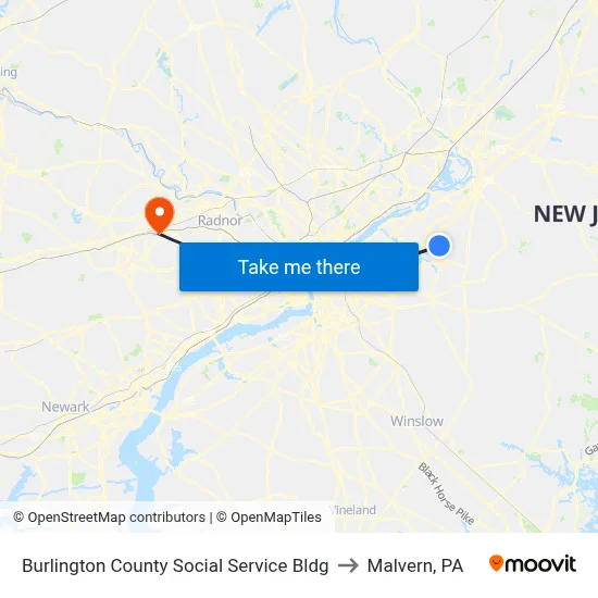 Burlington County Social Service Bldg to Malvern, PA map