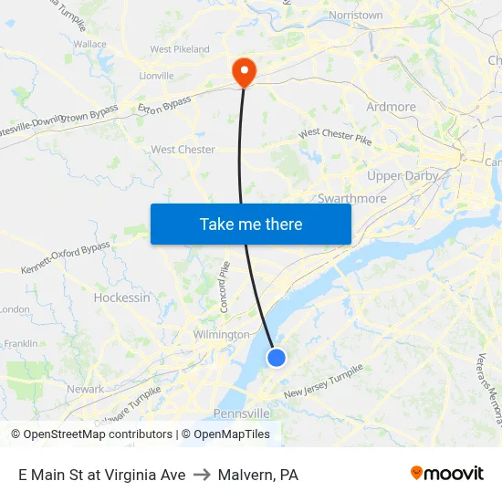 E Main St at Virginia Ave to Malvern, PA map