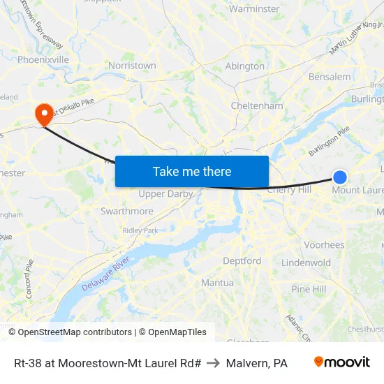 Rt-38 at Moorestown-Mt Laurel Rd# to Malvern, PA map