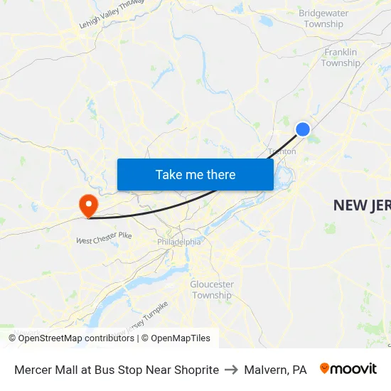 Mercer Mall at Bus Stop Near Shoprite to Malvern, PA map