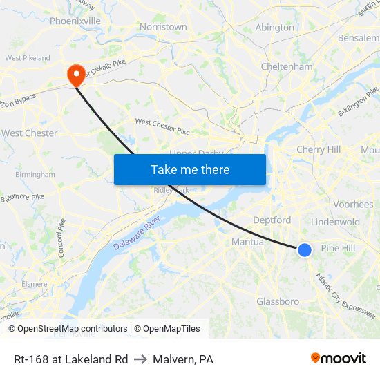 Rt-168 at Lakeland Rd to Malvern, PA map