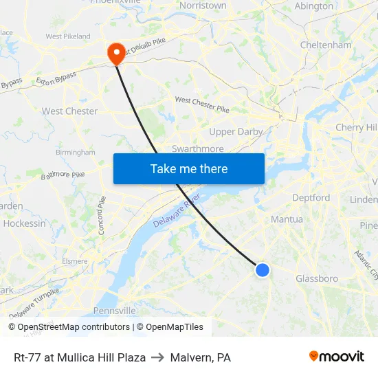 Rt-77 at Mullica Hill Plaza to Malvern, PA map