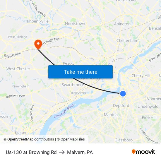 Us-130 at Browning Rd to Malvern, PA map