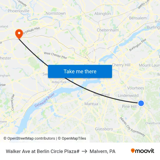 Walker Ave at Berlin Circle Plaza# to Malvern, PA map