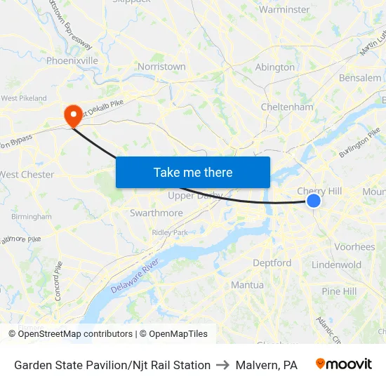 Garden State Pavilion/Njt Rail Station to Malvern, PA map
